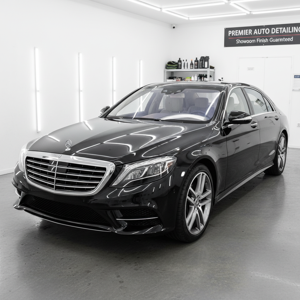 Premium sedan dış temizlik sonrası - parlak ve temiz araç yüzeyi