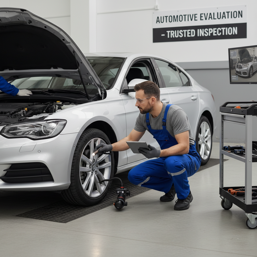 CarWorksElite uzman teknisyen araç ön değerlendirmesi yaparken - detaylı muayene
