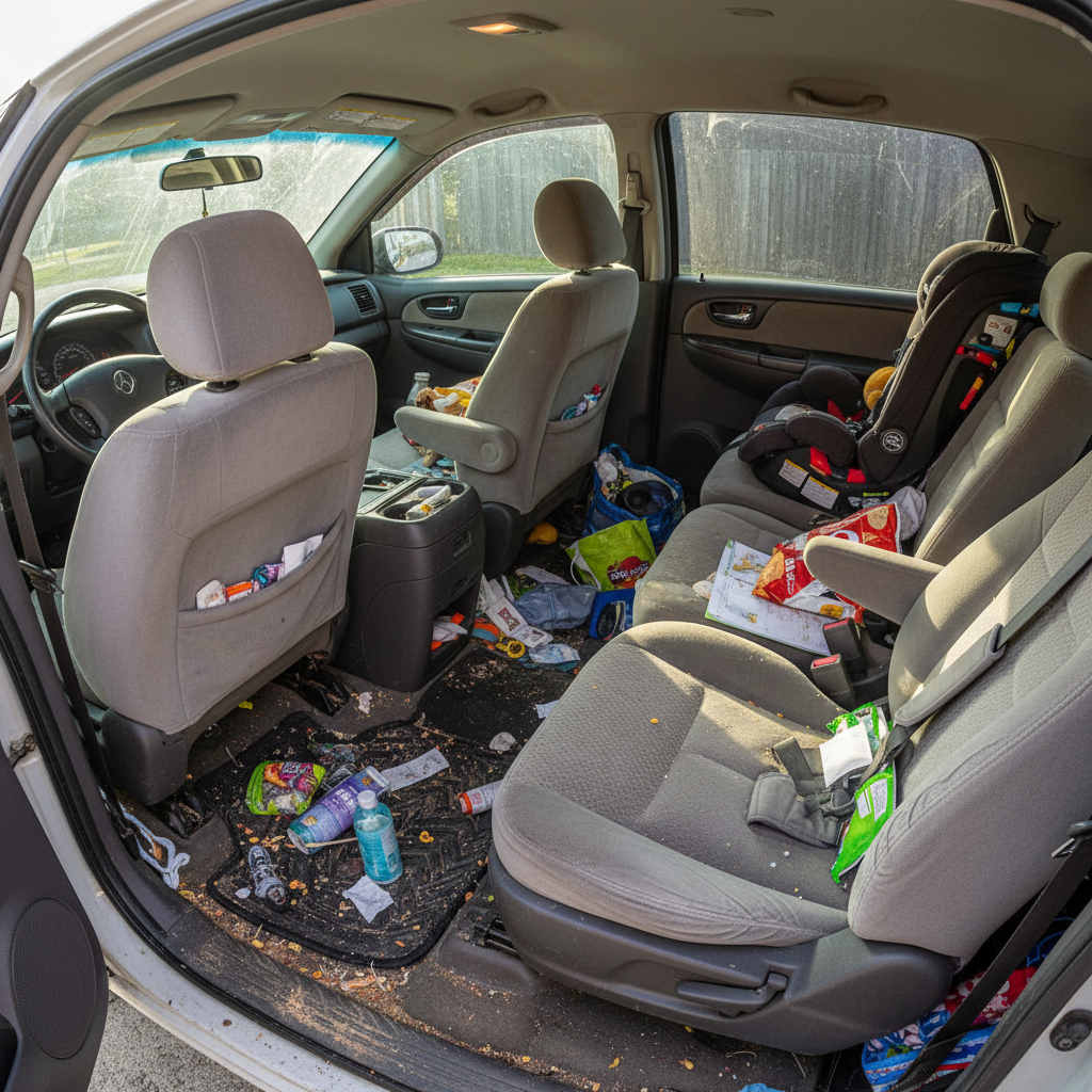 Minivan aile aracı temizlik öncesi - kullanım izleri ve kirlenmeler