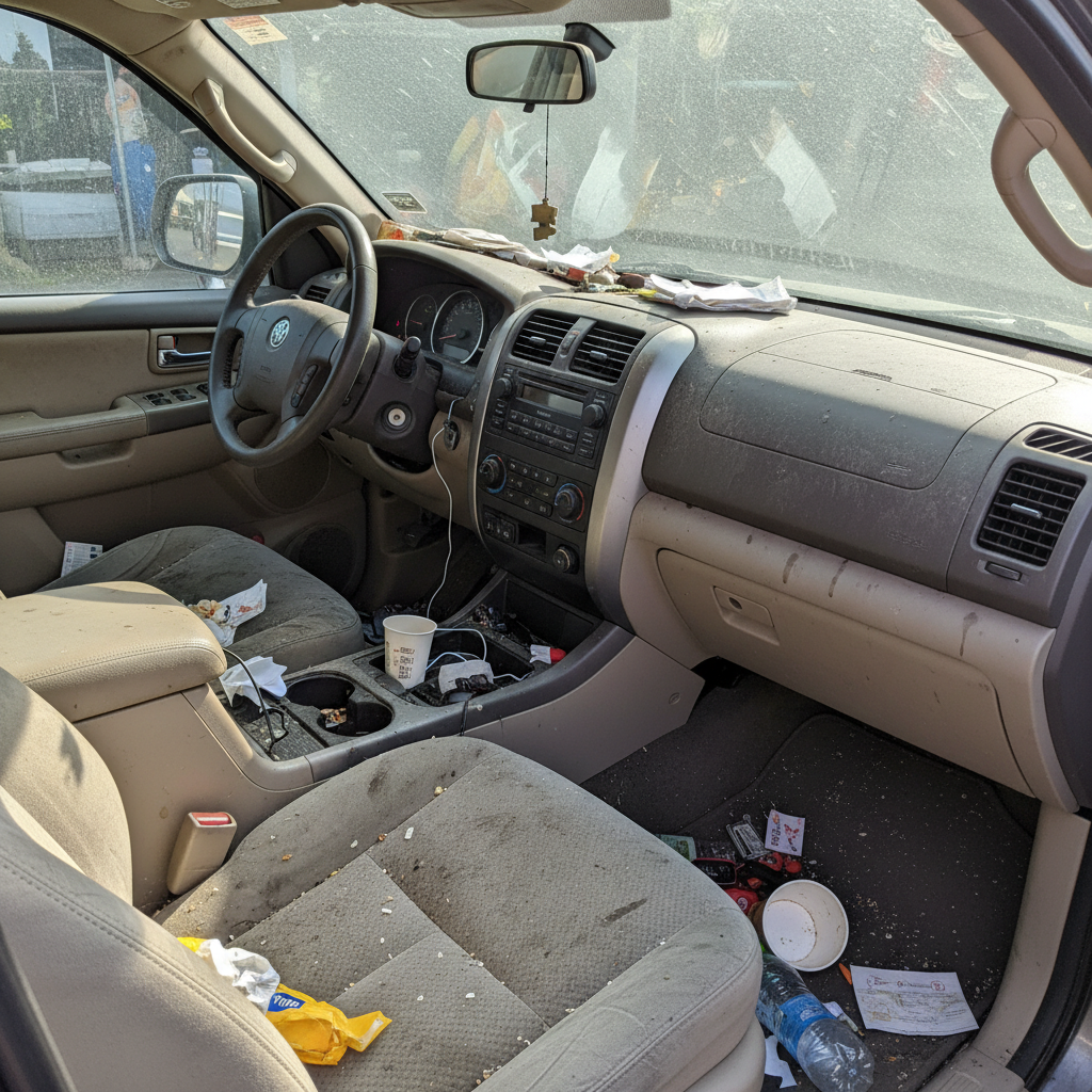 SUV iç temizlik öncesi - lekeli ve kirli iç mekan